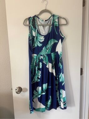 Navy Tropical Leaf Sleeveless Midi Dress